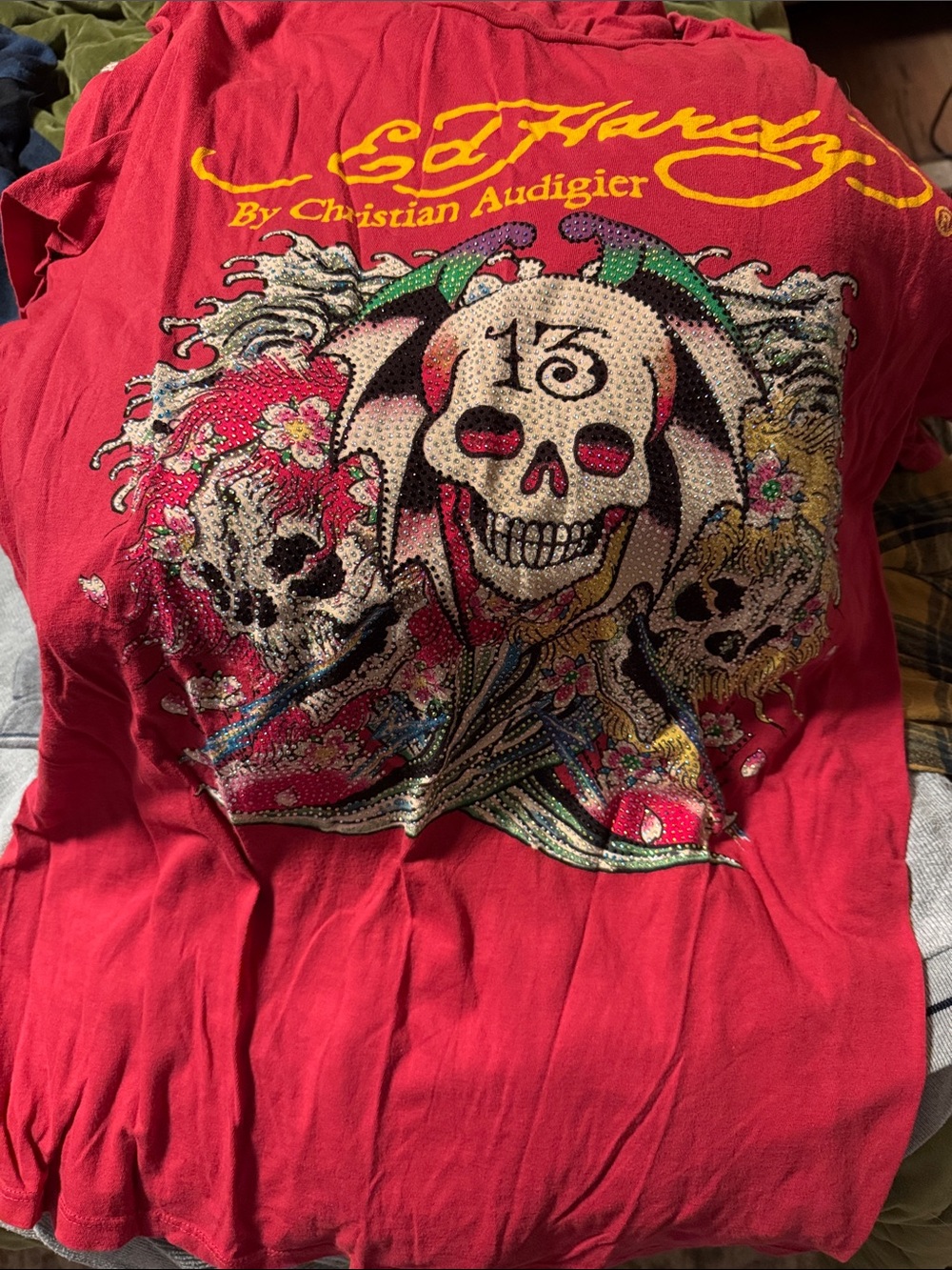 Christian Audigier Red Kids Graphic Skull Tee with Rhinestone Accents